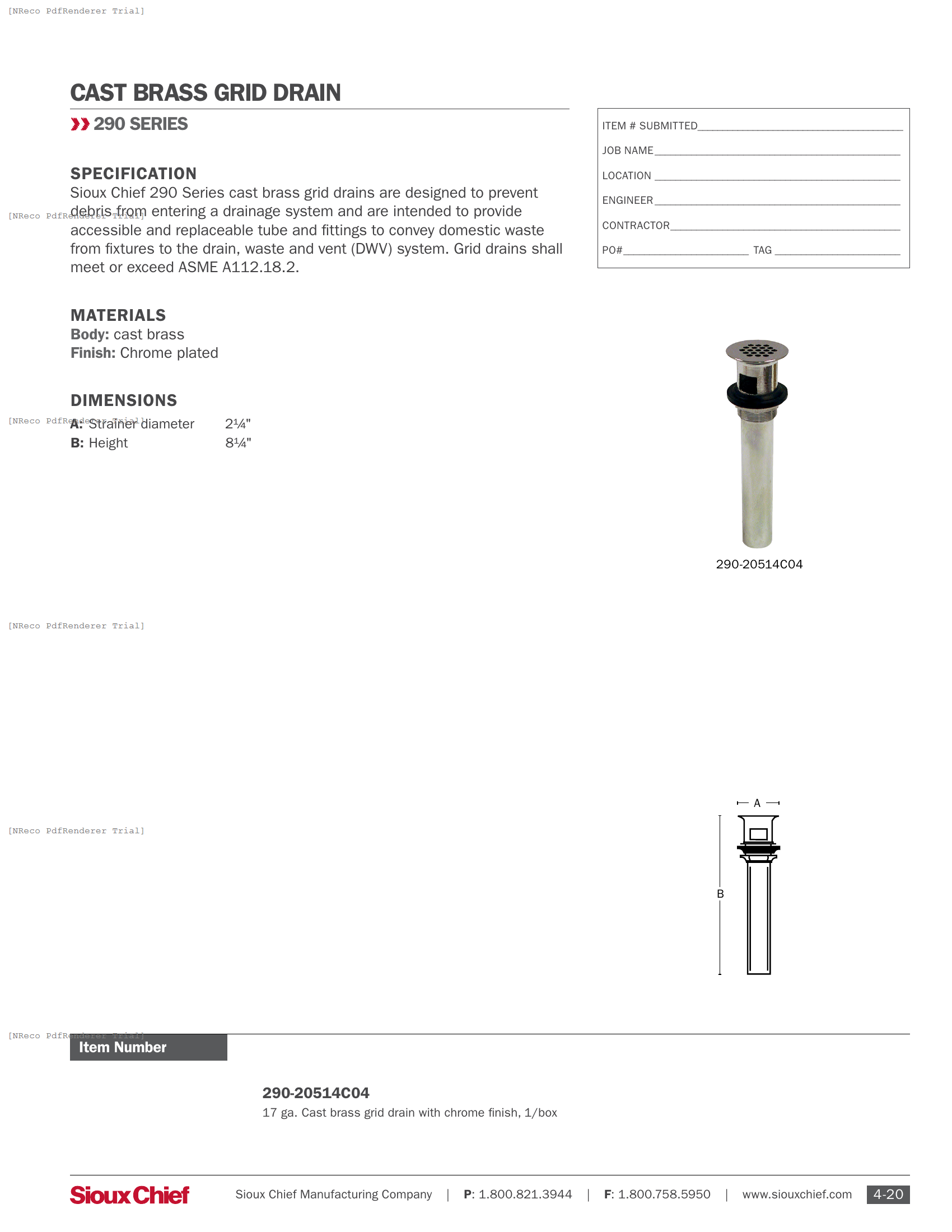 290 SERIES - CAST BRASS GRID DRAIN - SPEC SHEET.PDF Specification Document